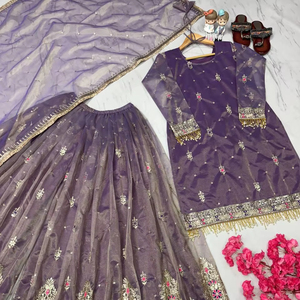 Última colección de diseñadores Soft Twill Gold Net Top Palazzo con traje Dupatta que presenta nuevo diseñador nuevo vestido de novia de moda - Product Image 1