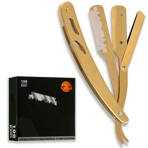 Kit de maquinilla de afeitar de peluquero de acero inoxidable dorado profesional con 100 cuchillas de borde recto desechables incluye cuchillas individuales - Product Image 1