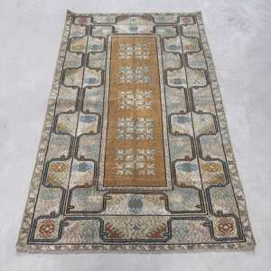 3.9x6.4 ft Rug, Vintage Turkish Rug, <b>Brown</b> Striped <b>Wool</b> Rug - Product Image 1
