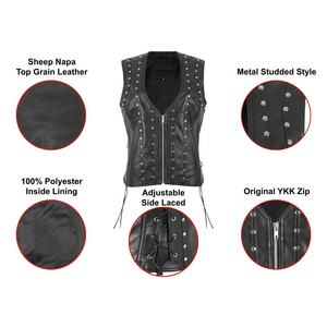 Gilet en cuir de mouton véritable pour femmes gilet en cuir noir clouté lacets latéraux réglables col en v fermeture à glissière - Product Image 6