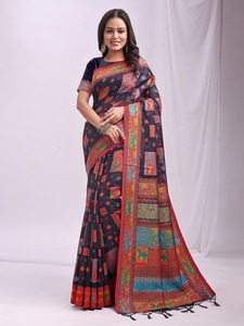 Sarees tissés en coton de lin pur de qualité supérieure Style formel en soie avec travail Zari et glands traditionnels vêtements indiens et pakistanais - Product Image 6