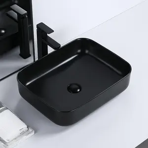 Lavamanos-encimera de mesa hecha a mano, lavabo cuadrado negro con esmalte mate