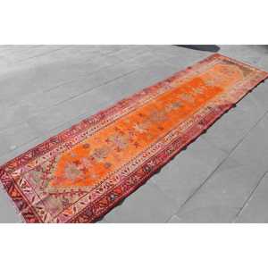 2.7x10.8 ft <b>Runner</b> Vintage Turkish Rug, <b>Red</b> Floral Wool Rug - Product Image 2