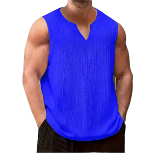 Camiseta sin mangas con cuello en V para hombre, blanca, informal, transpirable, de algodón tejido, de color sólido, holgada, para verano - Product Image 2