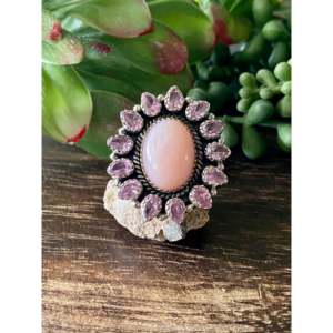 Southwest Handmade <b>Rose</b> <b>Quartz</b> & Amethyst Sterling Silver Bezel Set Adjustable <b>Ring</b> - Product Image 1