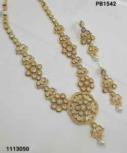 Flor India elegante tradicional Motipearl & Kundan largo Mala tono dorado Kundan perla collar largo con juego de pendientes a juego para mujer - Product Image 3