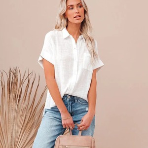 Chemisiers décontractés pour femmes, nouvelle mode, motif uni, coton et lin, manches courtes, blanc, vêtements d'été, boutons, respirant - Product Image 5