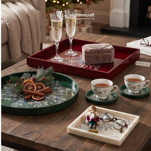 Ensemble de plateaux en laque Viettimecraft, design floral de Noël, plateaux de service décoratifs, cadeau de fête, durable - Product Image 4