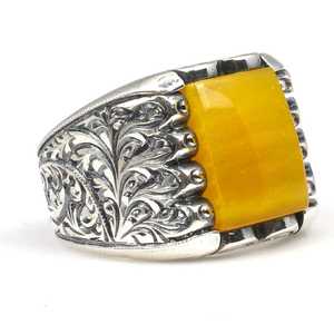 Bague pour homme en argent sterling 925 avec pierre rectangulaire en ambre compressé et sertissage clos, plaqué rhodium, pour usage quotidien - Product Image 2