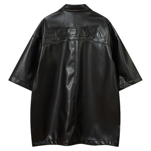 Logo personnalisé OEM pour hommes Chemise en cuir artificiel à manches courtes avec poche plaquée en cuir PU - Product Image 2