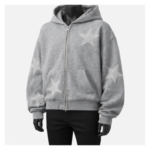 Sudadera con capucha y cremallera completa de forro polar oversize con estampado de estrellas de diamantes de imitación y cristales brillantes, estilo streetwear gris para hombre, al por mayor - Product Image 1