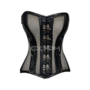 Vente en gros de lingerie sexy pour femmes, corset en maille noire avec bordure en simili cuir et fermeture à boucle avant |   Achetez maintenant - Product Image 3