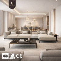 Canapé modulaire en tissu de luxe élégant avec bordure tissée torsadée à la main, coussinets en mousse multi-densités, en forme de L, pour villa