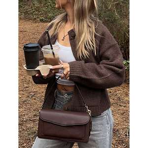 Cárdigan Casual de Invierno para Mujer, Color Marrón, con Apliques, Cuello con Lazo, Bordado y Encaje, Talla Grande, Transpirable, 100% Acrílico, Anti-Pilling - Product Image 4