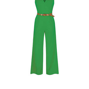 Taille haute col rond décontracté automne respirant ceinture sans manches Spandex/coton saut costume plaine couleur verte Sport femmes une pièce - Product Image 3