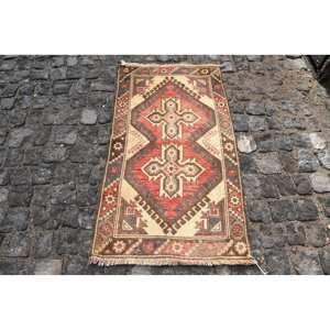 Vintage Classic Red Beige Wool <b>Rug</b> 2.2 X 3.8 ft Flat Weave Patchwork Pattern for Living Room 10mm <b>Thickness</b> with Latex Backing - Product Image 1