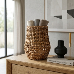 Panier de rangement en écorce de bananier naturelle, vase, cadre en fer, grille ouverte, maille, pour bouteilles, pots, plantes, décoration de table, design artistique pur pour la décoration intérieure - Product Image 4