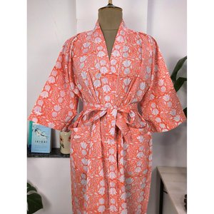 Boho Style Cotton <b>Kimono</b> Hand-Printed Indian Bagh Robe Luxurious Lightweight Summer Cover-Up Sunrise Rose Orange for Swimsuit - Product Image 3