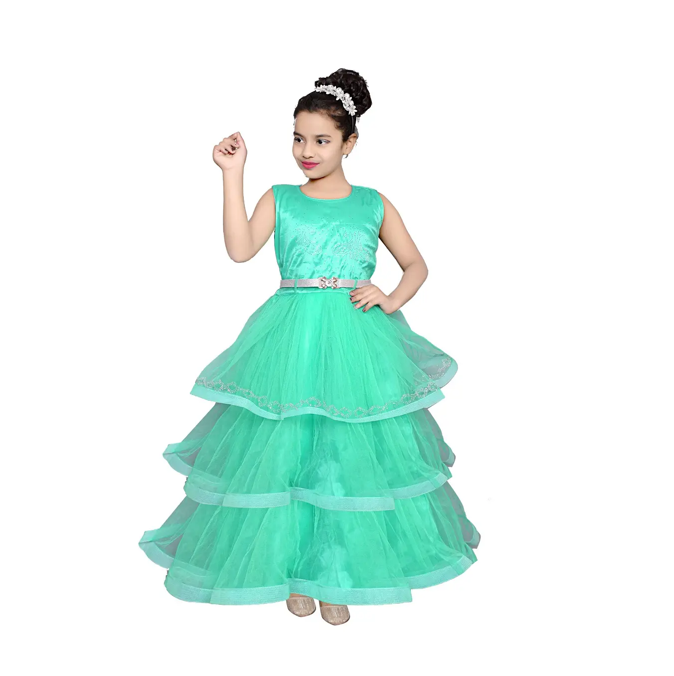 Pakaian anak perempuan desain terbaru pakaian pesta gaun bola padat untuk anak perempuan 3-10 tahun penggunaan memakai dari India