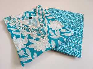 Kurta longue décontractée en coton biologique pur, coupe droite, manches 3/4, avec pantalon (taille élastique, col brodé, lavable) - Product Image 3