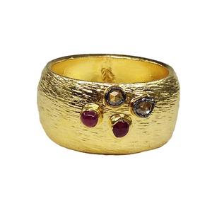 925 Sterling Silver Ruby Stone Gold Plated and Oxidised Lining Textured <b>Ring</b> <b>Band</b> - Product Image 2