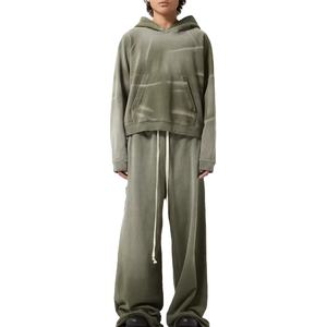 Chándal para hombre, pantalones de chándal acampanados con lavado ácido Vintage y conjuntos de Sudadera con capucha, ropa de calle bordada para hombre, chándal, traje recortado con diamantes de imitación - Product Image 1