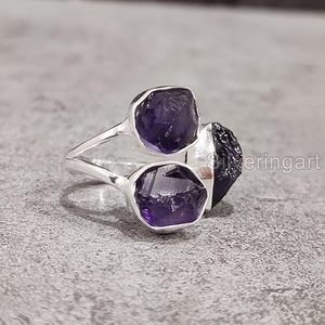 Anillo de Plata de Ley 925 con Amatista Natural, Piedra de Nacimiento de Febrero, Triple Piedra, Joyería Hecha a Mano para Mujer - Product Image 2