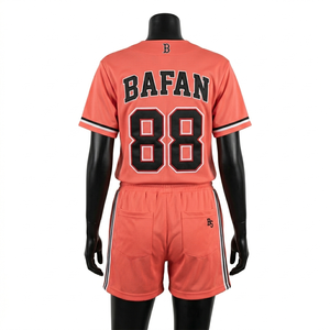 Premium 160 GSM breathable polyester <b>mesh</b> baseball jersey and shorts set coral orange stripe panels custom tackle twill - Product Image 6