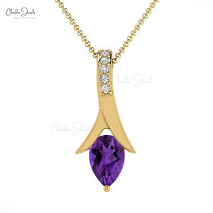 Collier pendentif classique en or massif 14 carats avec améthyste naturelle taille poire 6x4mm et accents de diamants, bijoux en gros pour femmes - Product Image 3