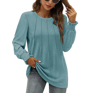 Femmes personnalisé en gros à manches longues pulls col rond sweat plissé tunique hauts décontracté automne hiver mode chemises - Product Image 1