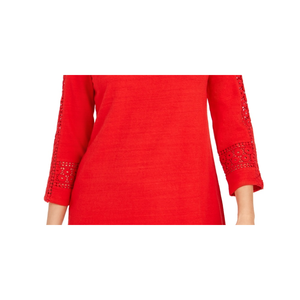 Top da donna Charter Club con stampa floreale bohémien e inserti all'uncinetto, rosso, taglia L - Cardigan corto in maglia con pizzo, casual estivo, twinset - Product Image 3