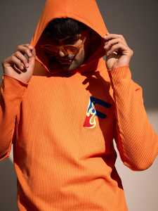 Textured <b>Thermal</b> Cotton 350gsm Orange Waffle Raw Edge Monogram Hoodie Drop Shoulder Bulk Streetwear with Ribbed Cuffs and Hood - Product Image 3