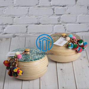 Caja de almacenamiento de incrustaciones de cáscara de huevo de bambú hecha a mano con borlas coloridas Gergean Ramadan Eid tarro de regalo decorativo árabe Vietnam - Product Image 1