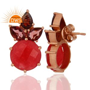 Awesome <b>Small</b> Red Aventurine & Garnet Gemstone Stud Earring Rose Gold Plated Silver Earring Wholesale Silver Stud Earring - Product Image 3
