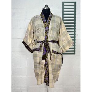 Vintage Kimono Open Jacket Recycled Pure Cotton Boho Summer <b>Tie</b>-Dye House Robe Beige Brown Floral Style Print Swimsuit Cover up - Product Image 1