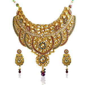 Mithya Fine Jewelry <b>Set</b> Gold-Plated Necklace with Maroon and <b>Green</b> Stones 2000120 - Product Image 1