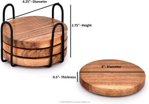 Dessous de verre en bois d'acacia avec support en métal Tapis et tampons ronds en bois avec fil de fer pour boissons Organisateur de stockage de dessous de verre à café - Product Image 2