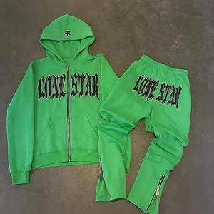 ชุดเซ็ตเสื้อฮู้ดซิปประดับเพชรและกางเกงวอร์มสไตล์สตรีทแวร์ ย้อมสีแบบ Acid Wash สำหรับผู้ชาย ชุดวอร์มผู้ชายสีซีดจางจากแสงแดด ผลิตจากผ้าฝ้าย 100% - Product Image 5