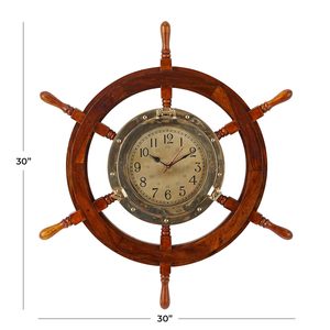 Wooden <b>Ship</b> Wheel wall <b>Clock</b> With Brass Porthole Dial Versatile Ocean Theme Timepiece For Office Home And Event Space Decoration - Product Image 2