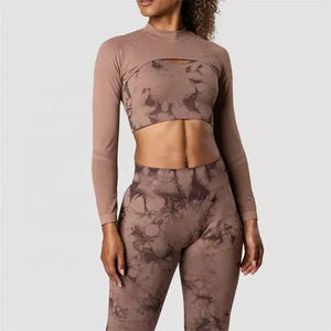 Tie Dye femmes entraînement 3 pièces vêtements de course Fitness ensembles côtelé sans couture Leggings vêtements de sport de sport soutien-gorge pantalon personnalisé en gros - Product Image 5