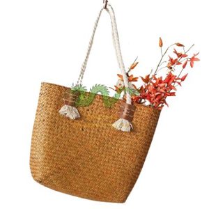 Vietnam-Made Handmade Soft Seagrass Beach Bag Natural Color Casual Tote <b>Mixed</b> Floral Decoration <b>Fabric</b> Economical Price Summer - Product Image 2