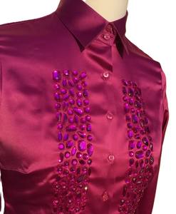 maroon Satin Button-Down <b>Blouse</b> with Crystal-Style Buttons - Product Image 3