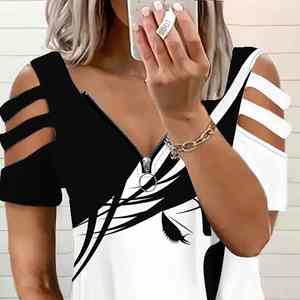 Camiseta deportiva de punto para mujer, de manga corta, corte regular, transpirable, con cremallera, para verano - Product Image 4