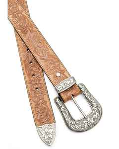 Ceinture classique en cuir brun formel de style western avec un motif floral complexe, boucle en alliage argenté antique et cuir de vache - Product Image 2