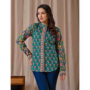 Blusa de Algodón Popelín con Estampado Floral Verde Oscuro y Cuello con Volantes Vintage, Talla Única y Opciones XL para Mujer - Product Image 5