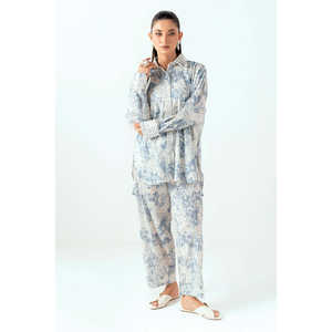 Ensemble coordonné pour femme en tissu crêpe à imprimé ondulé blanc cassé, tenue décontractée en 2 pièces pour le printemps/été XS/XS - Product Image 2