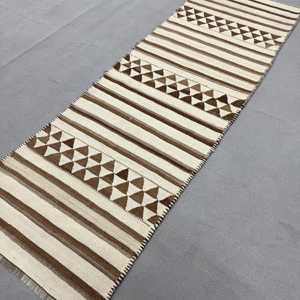 Turkish Kilim Runner Rug 3.2x9.4 ft (96x285 cm), Vintage <b>Brown</b> Floral <b>Wool</b> Rug - Product Image 2