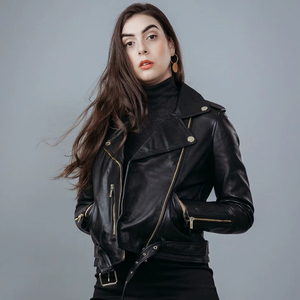 Chaqueta de motorista de piel de oveja negra de primera calidad para mujer, ropa de abrigo de otoño con estilo acolchado de cuero genuino, gran regalo para ella - Product Image 1