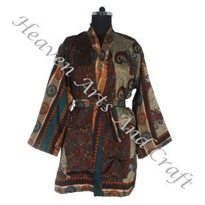 KS012 Bohemian Summer Vintage Sari <b>Kimono</b> Short Wrap Dress Sleeve <b>Silk</b> Robes Women Vintage <b>Silk</b> Sari Vintage Sari <b>Kimono</b> Short - Product Image 3