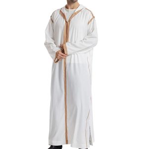 Thobe Musulmán Blanco para Hombre con Detalles en Azul Claro, Manga Larga, Jubba Islámica, Kandura, Dishdasha, Ropa Tradicional Árabe de Verano - Product Image 4